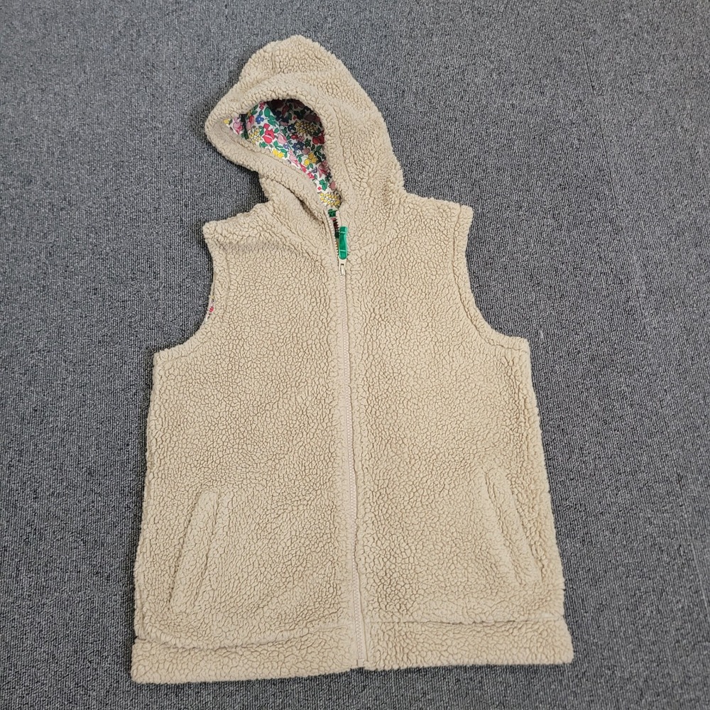 Mini Boden 11-12Y Hooded Sherpa‎ Fleece Vest Girls Beige Floral Lining G0660